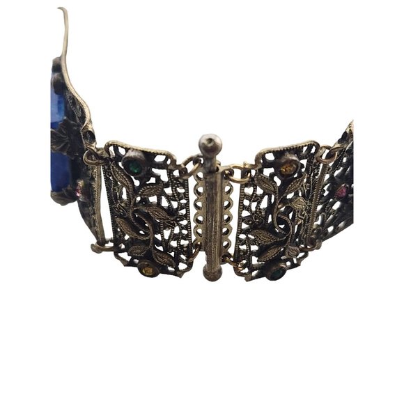 Vintage Czech Style Filigree Brass & Lapis Glass Bracelet (A3858) - Picture 6 of 8